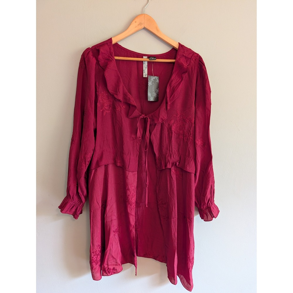 NWT 1X Burgundy Embroidered Tie Front Ruffle Cardigan Romantic Bohemian Jewel